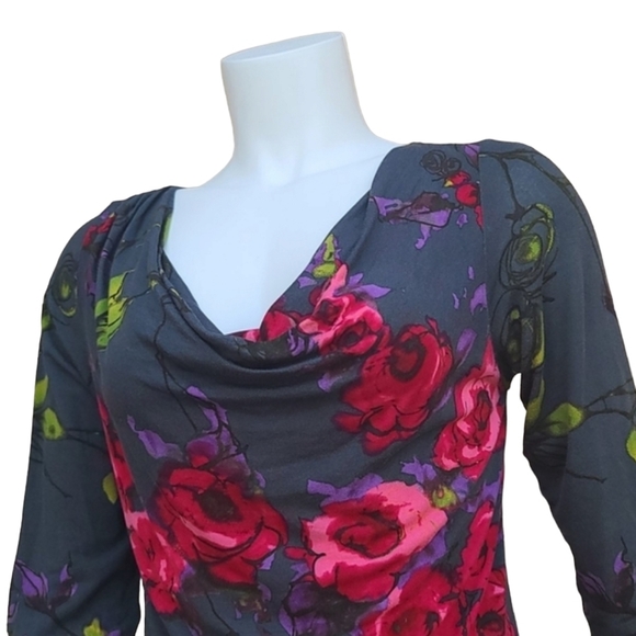 WESTON WEAR ANTHRO Cowl Neck Blouse S Top Shirt Watercolor Floral Gray Draped - Picture 7 of 13